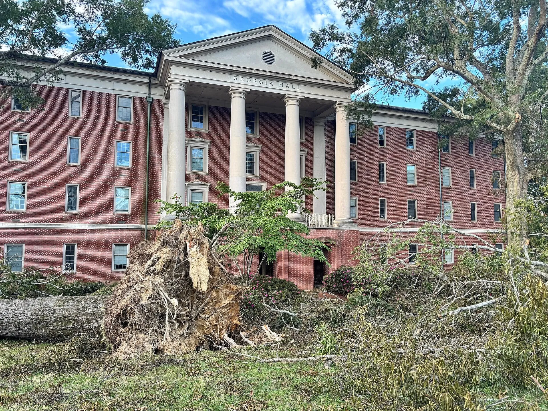 A downed tree at Presbyterian College, Clinton, after Hurricane Helene, 2024